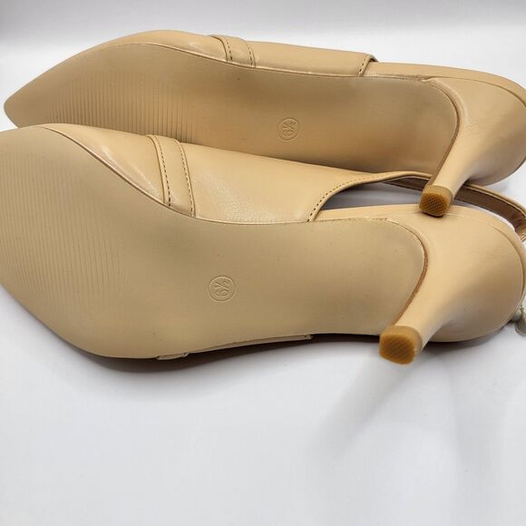 Womens Pumps Size 6.5 Tan Kitten Heels Pointed Toes Stiletto Sling Back Wedding - Picture 8 of 9